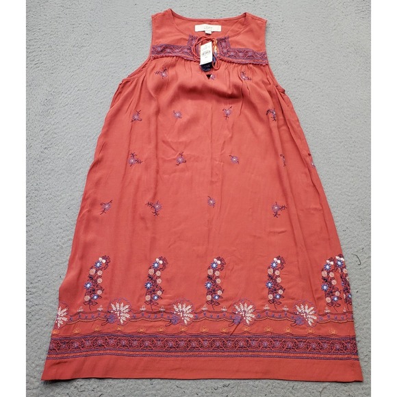 LOFT Dresses & Skirts - LOFT Boho Dress Womens XS Multi Embroidered Floral Pleated Sleeveless Tie Neck
